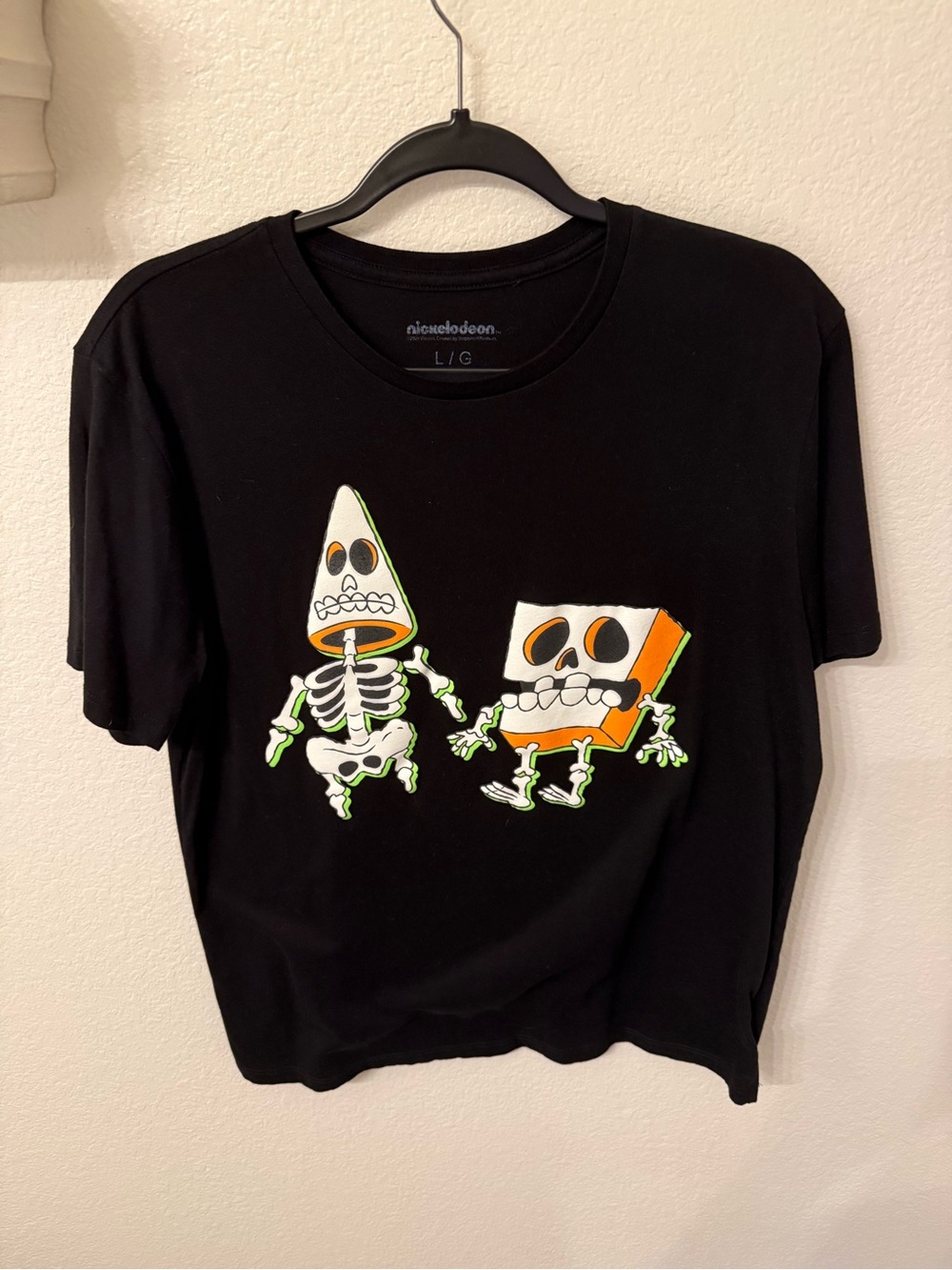 Nickelodeon Black Men’s Graphic Tee with Neon Skeleton Cartoon